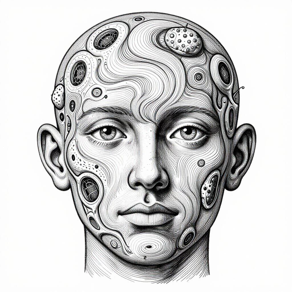 Escher-Inspired Line Art Face with Spiral and Organic Cells