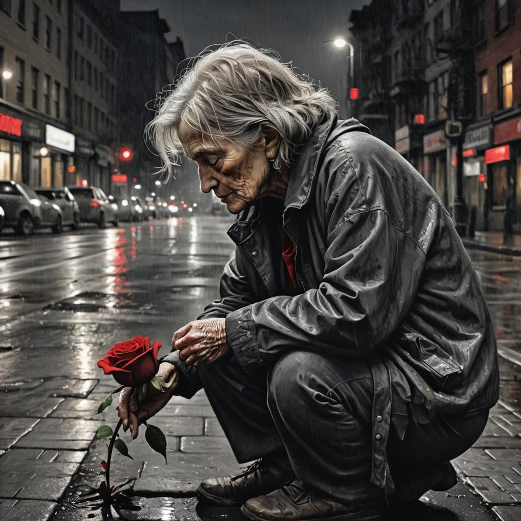 Homeless Woman with Rose: Hyperdetailed Charcoal Portrait