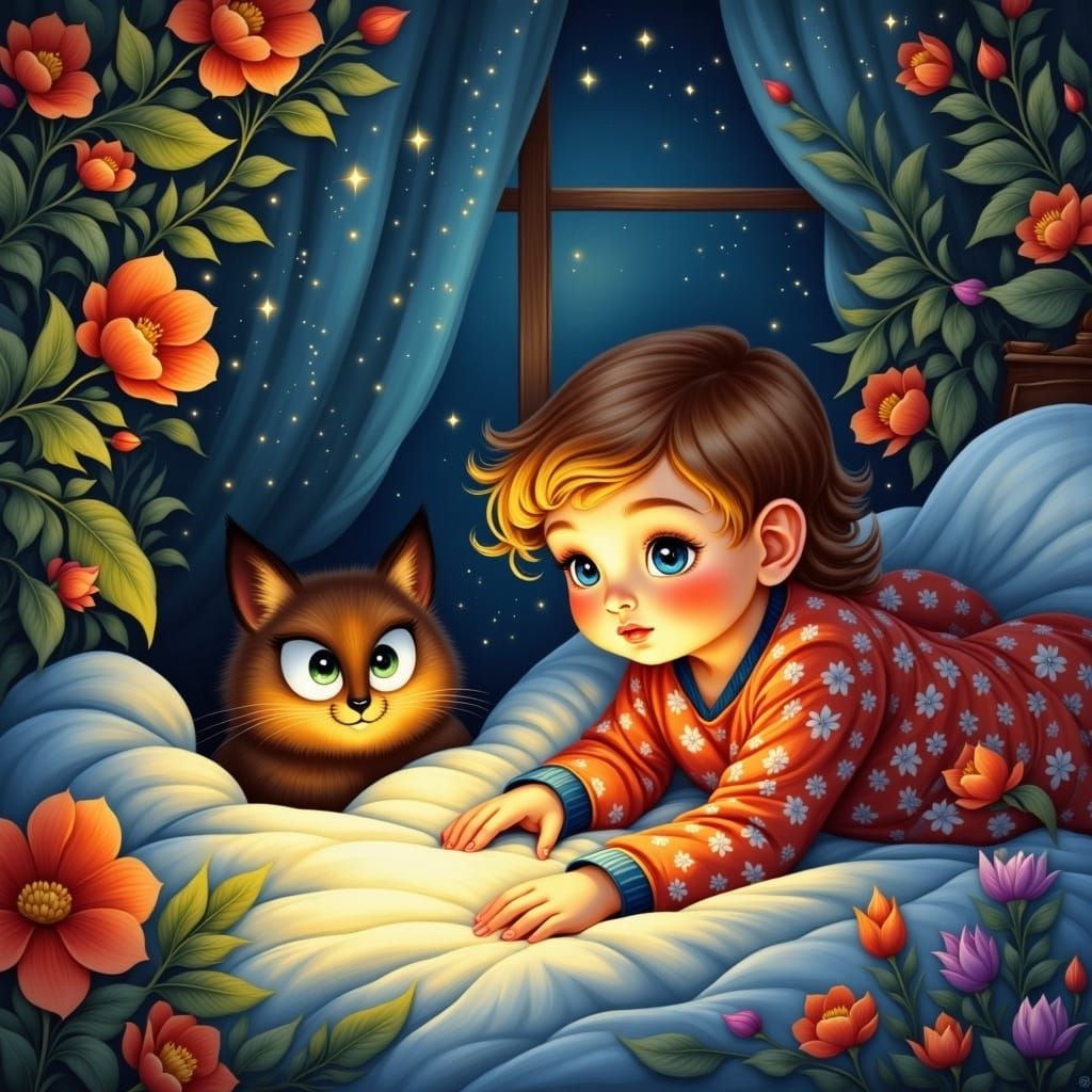 Child and Glowing Creature Under Bed