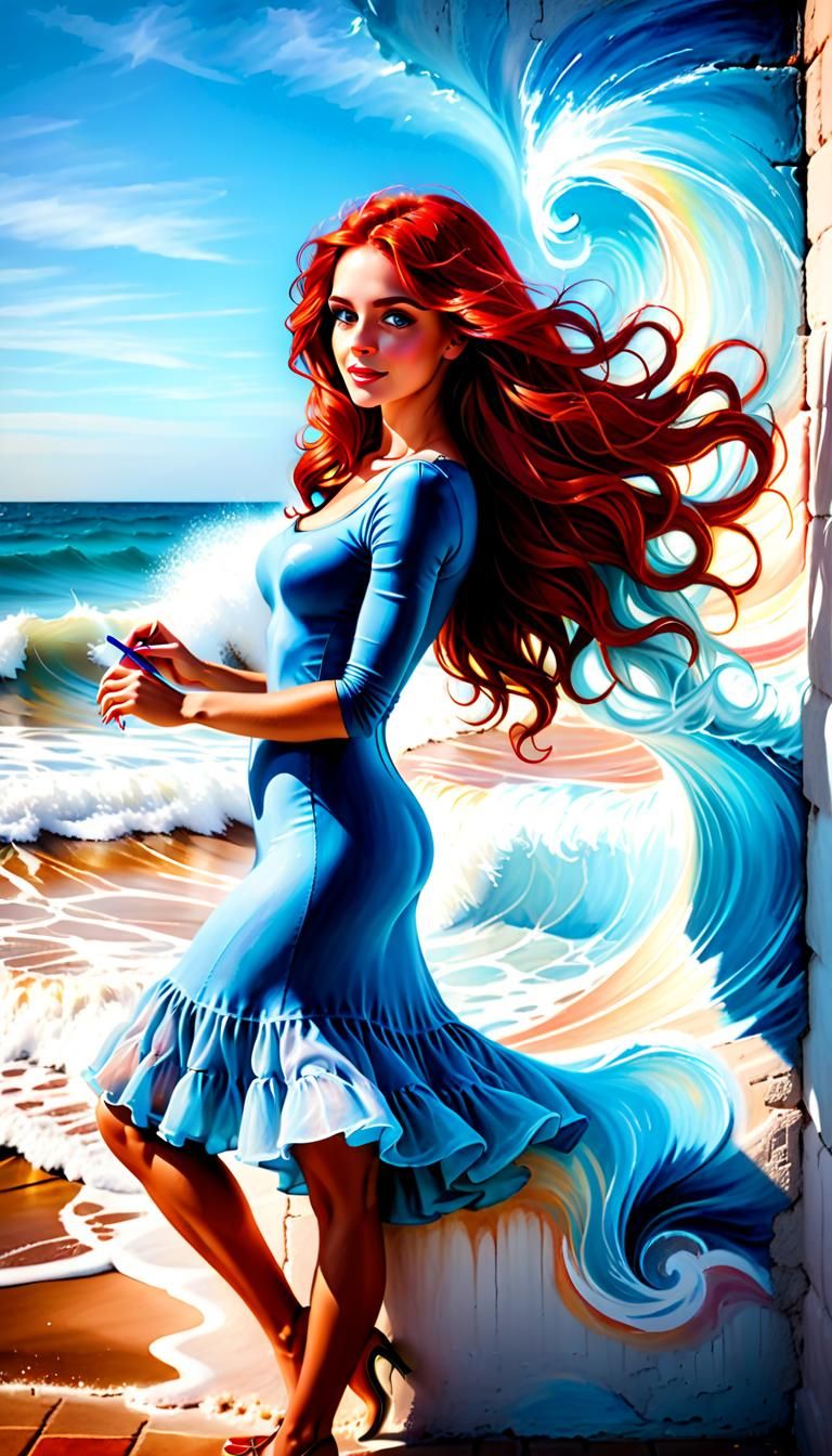 Beautiful Woman with Red Hair Chalk Art