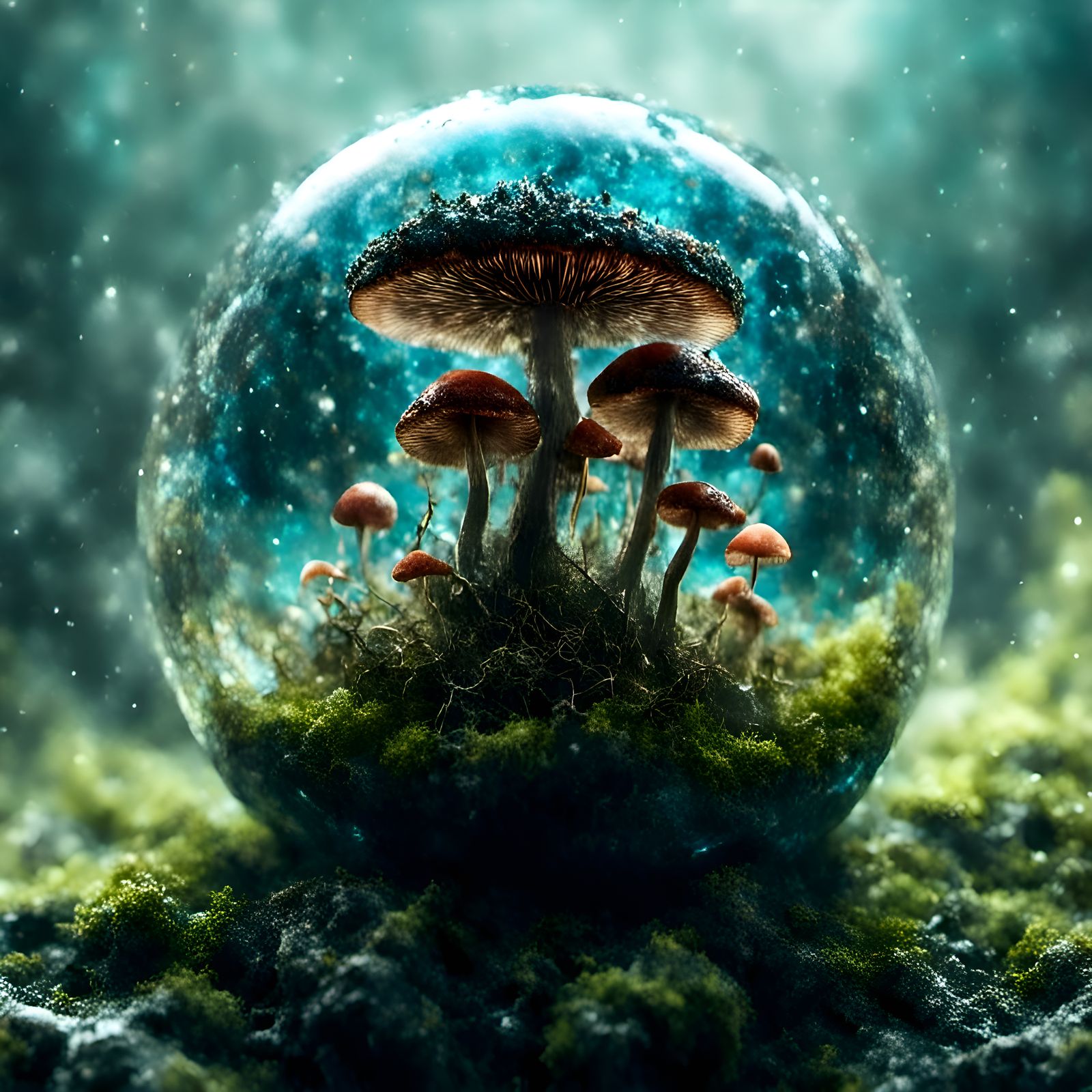 Ferrofluid Mushroom Sphere with Opalescent Moss