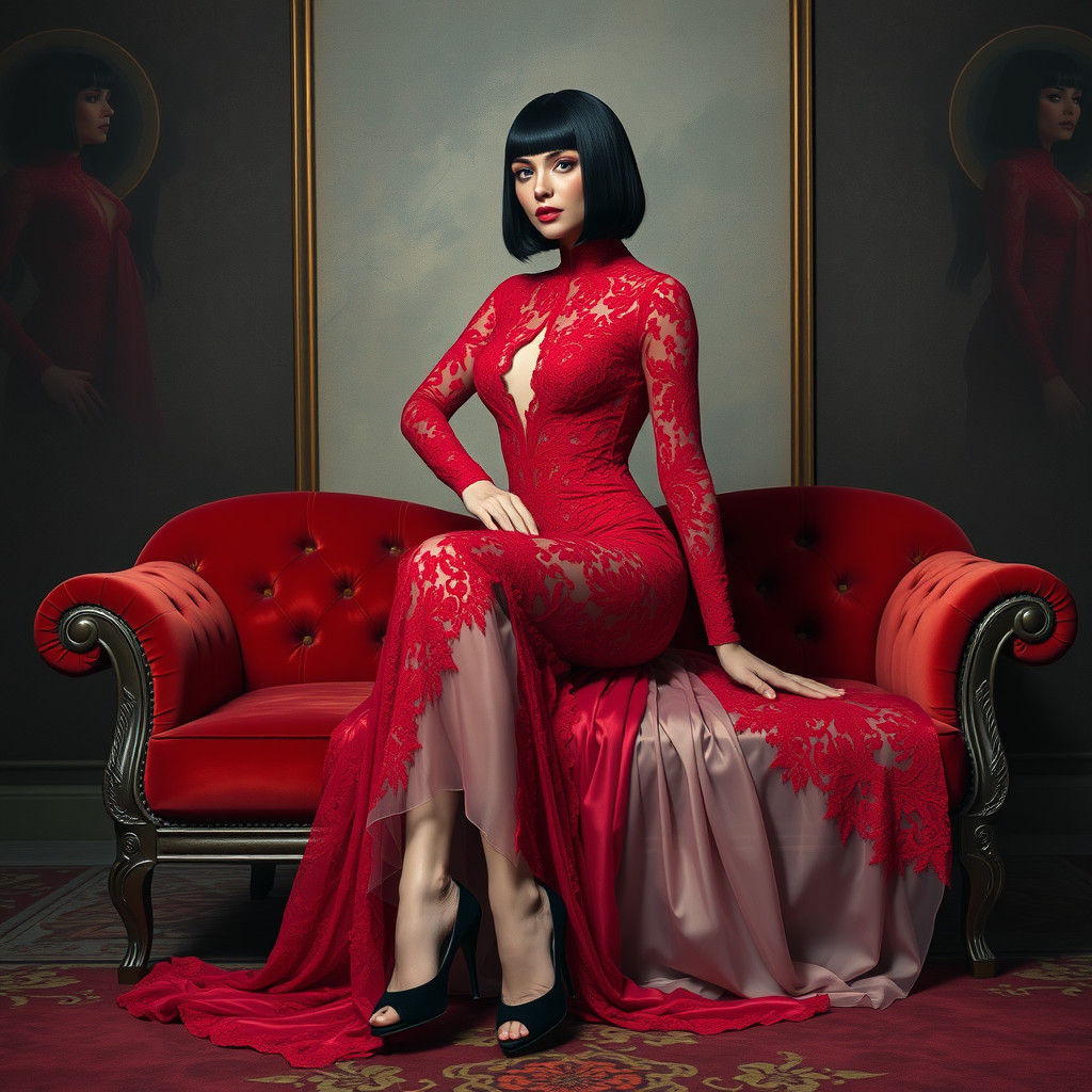 Elegant Woman in Red Lace Gown: Matte Painting Style