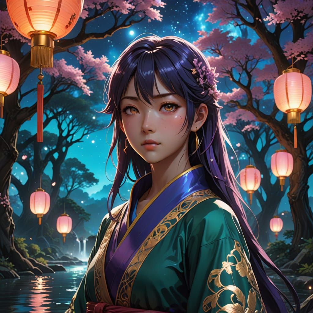 Ethereal Anime Warrior in Vibrant Neon Dreamscape