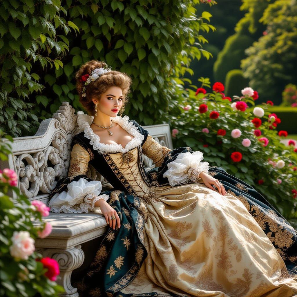 Baroque Lady in Garden with Chiaroscuro Lighting