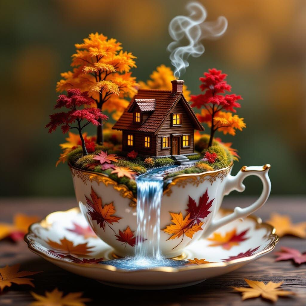Miniature Autumn Landscape in a Teacup, Surreal Macro Photo