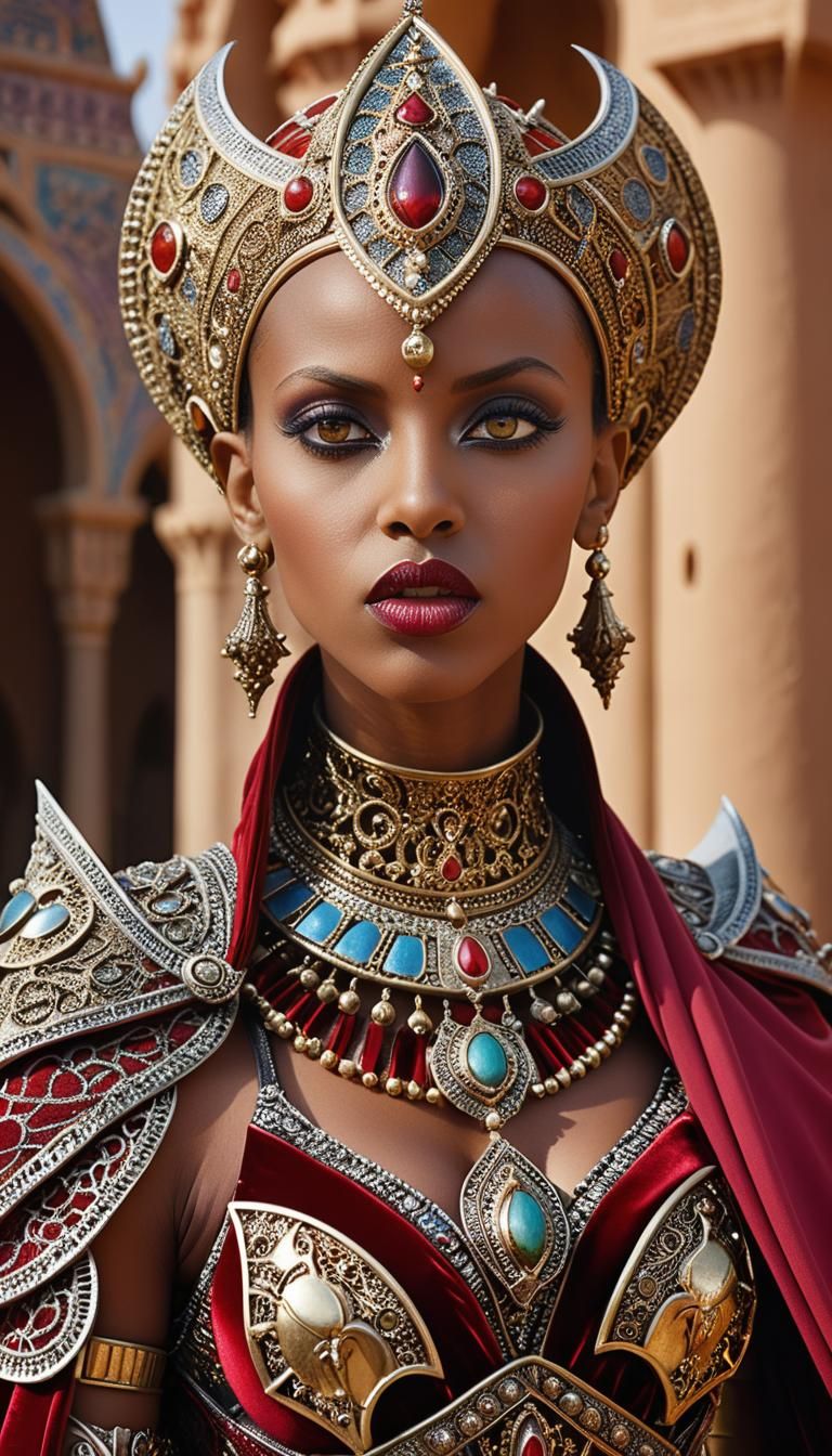 Ornate Portrait of an Armored Woman in Desert Temple
