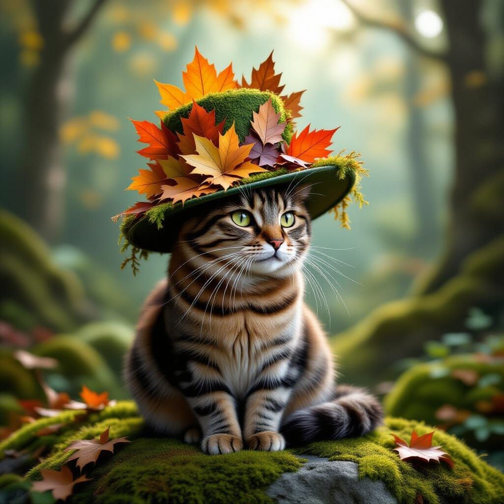 Tabby Cat in Autumn Leaf Hat Sits Regally