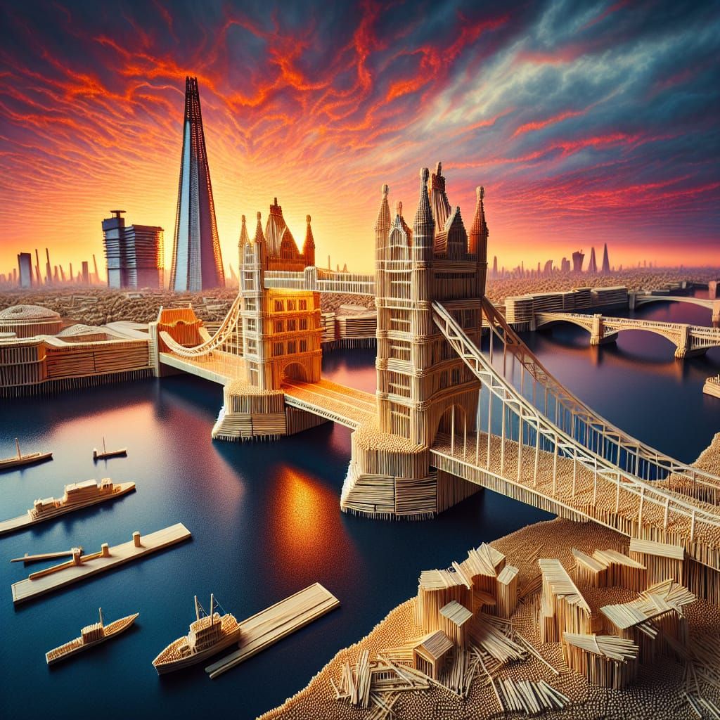 Detailed Matchstick Model of London Bridge at Sunset