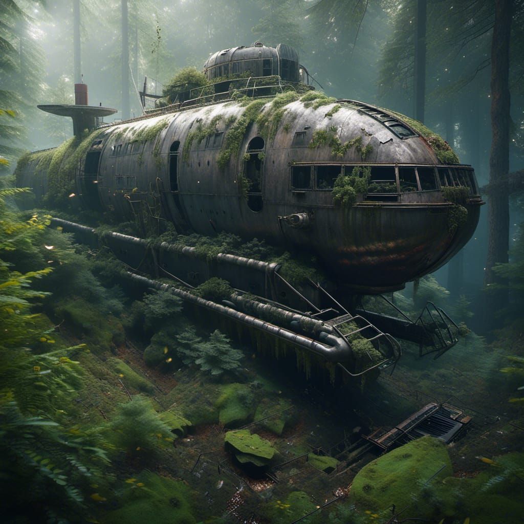 Abandoned Submarine in Forest: Sci-Fi Cinematic Render