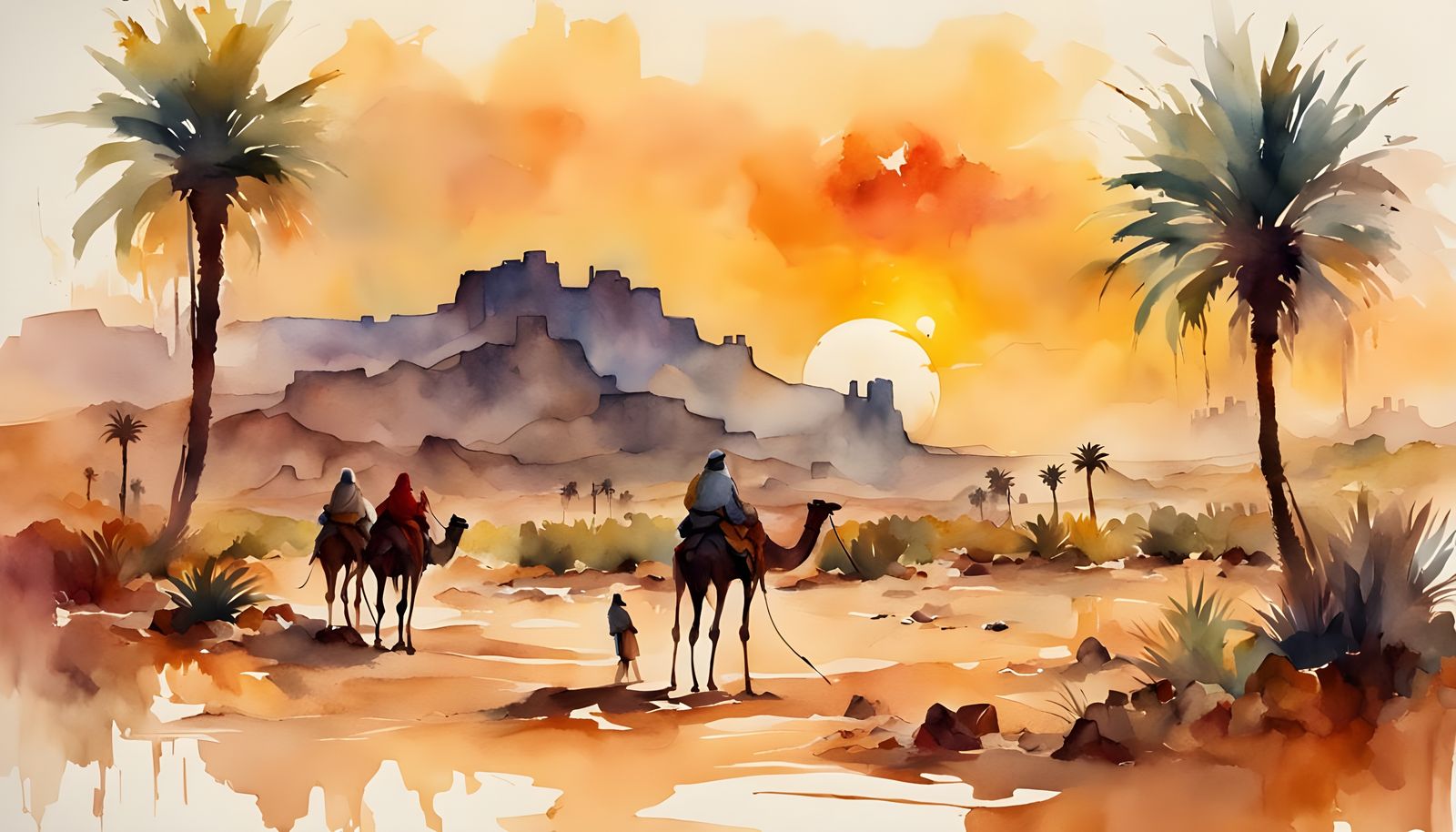 Moroccan Oasis at Sunset in Watercolor