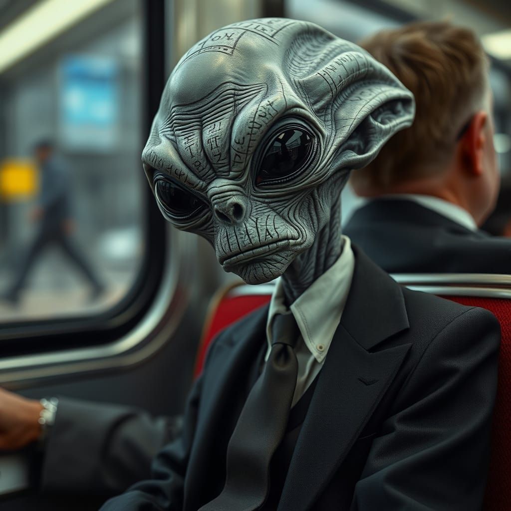 Alien in a Suit on a Bus, Hyper-Realistic Photo