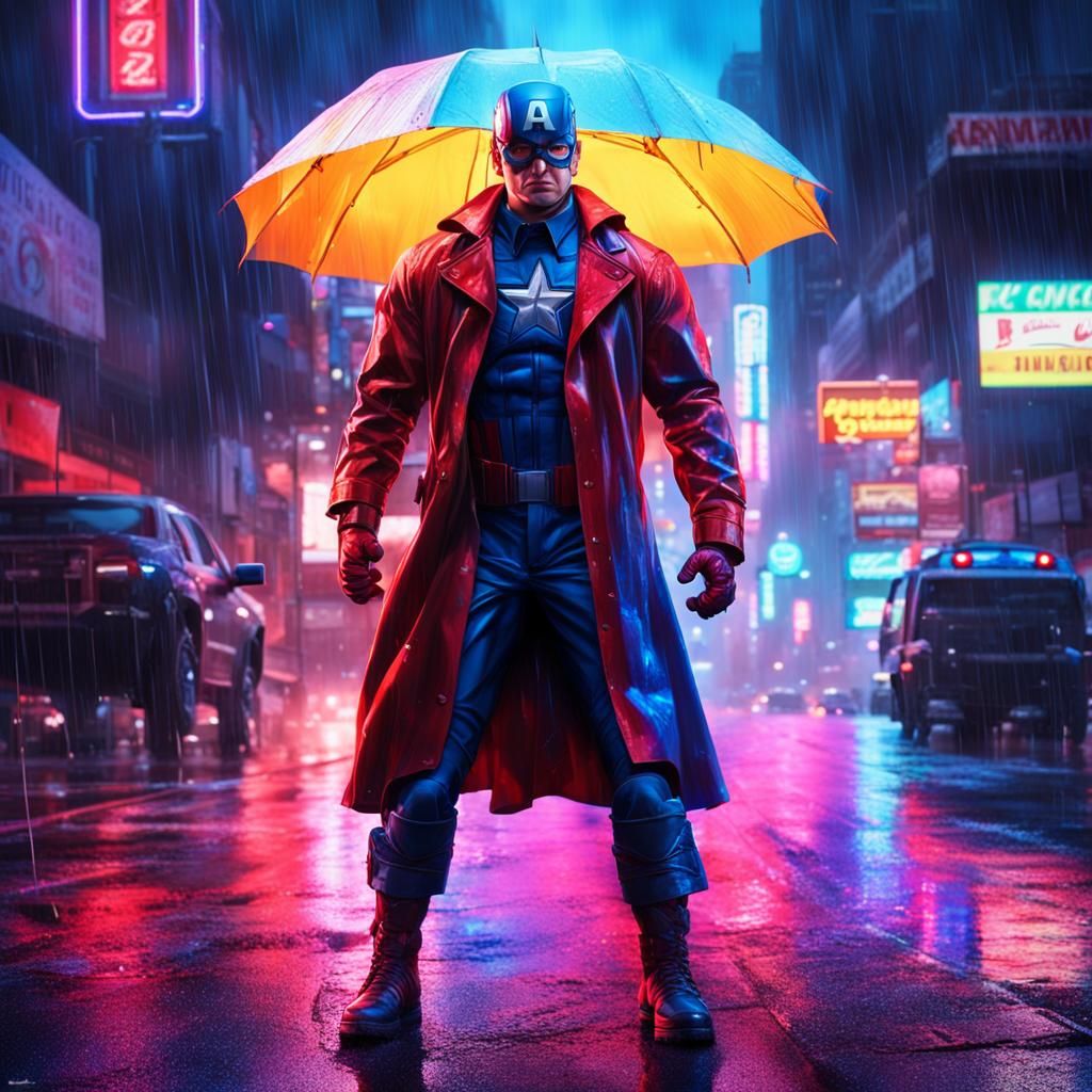 Captain America in Neon Raincoat, Hyper-Realistic Digital Ar...
