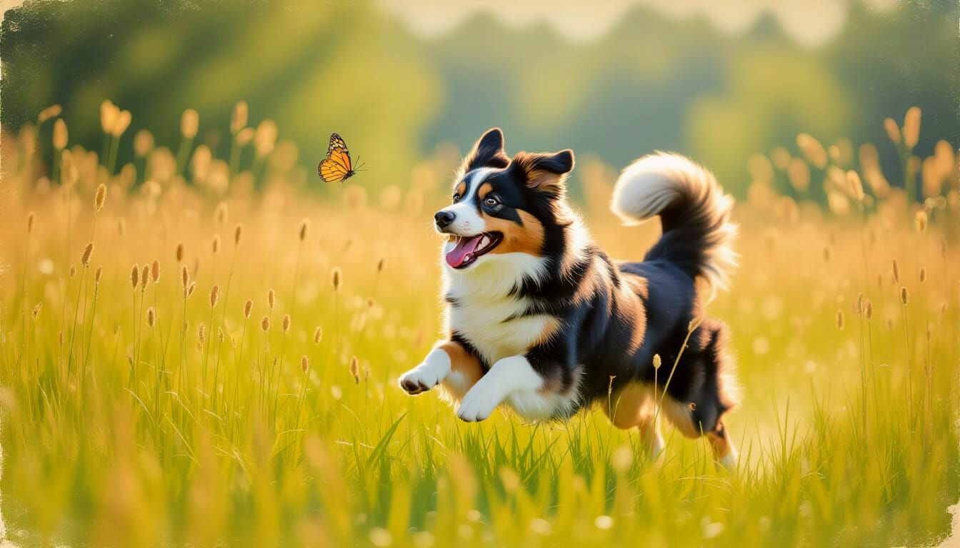 Vintage Dog Leaping for Butterfly in Meadow
