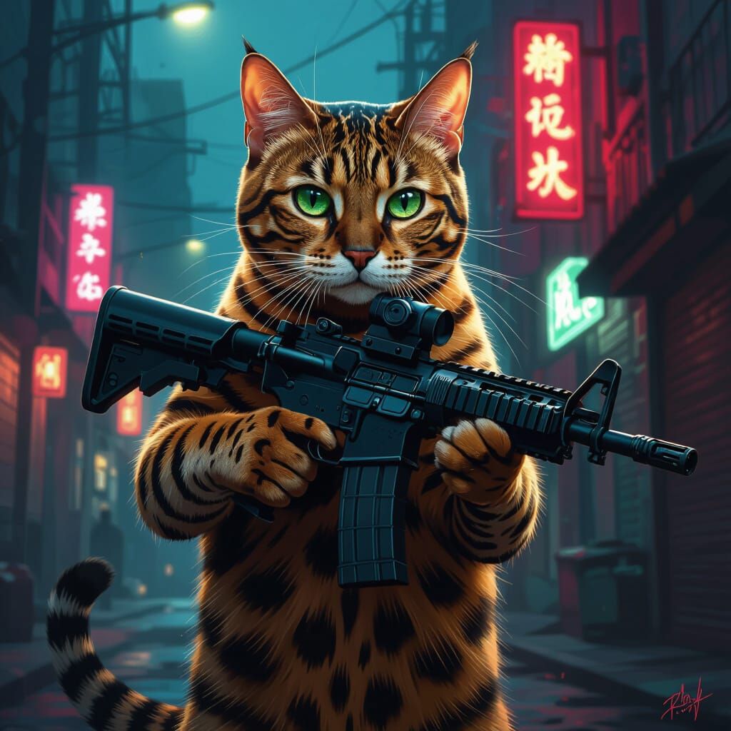 Bengal Cat Warrior With Assault Rifle in Urban Neon