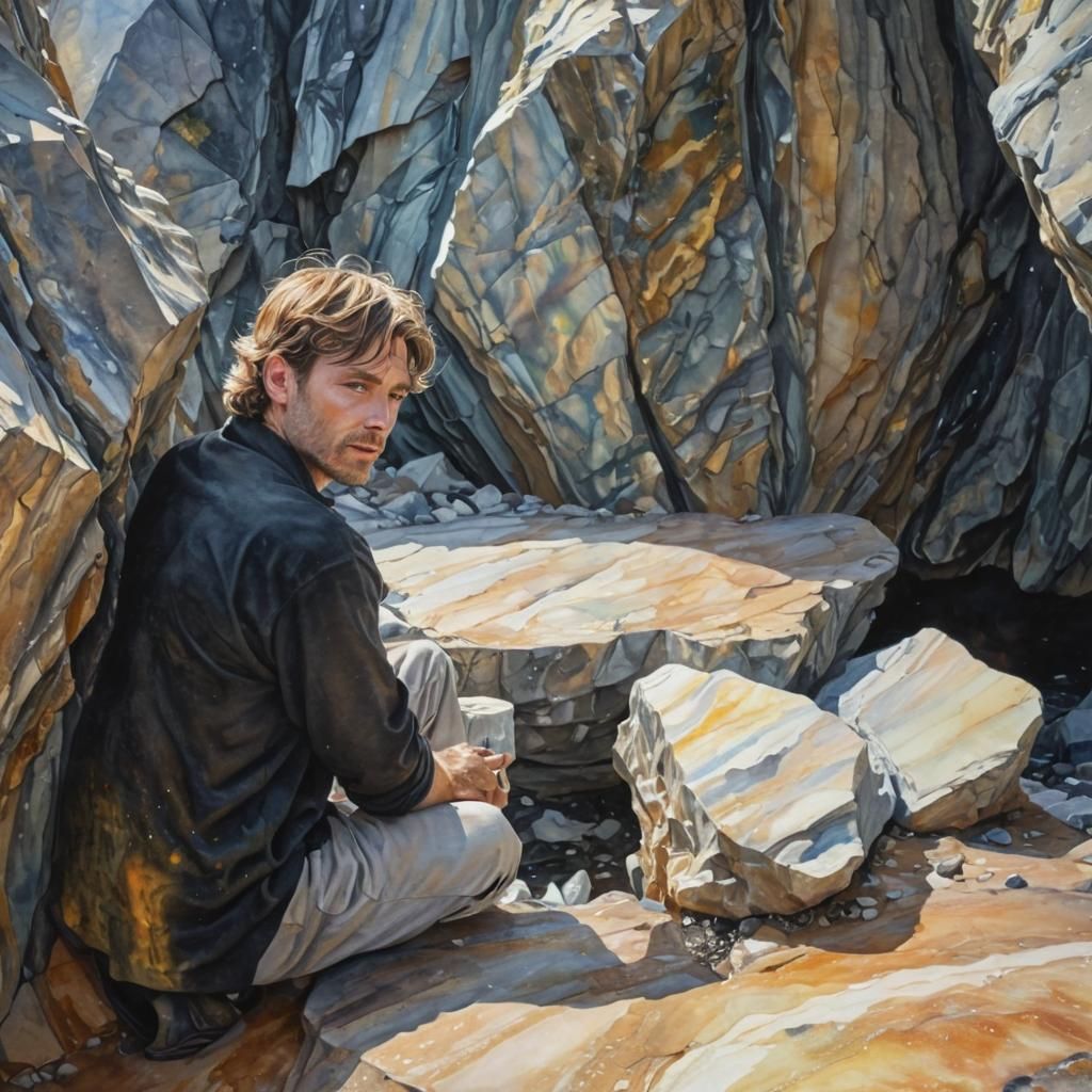 Man in Geological Formation, Watercolor Janet Fish Style