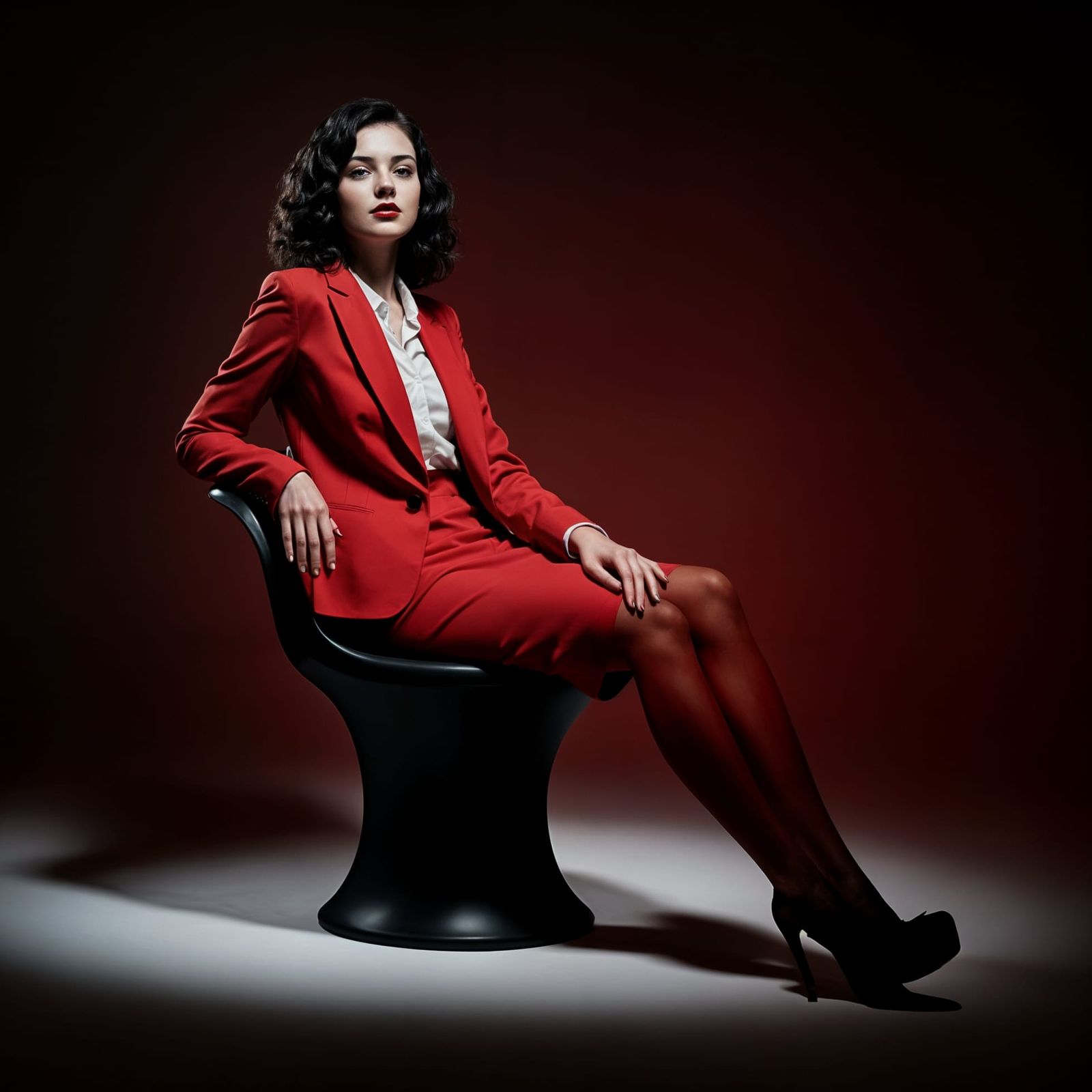 Elegant Woman in Dramatic Red Office Setting