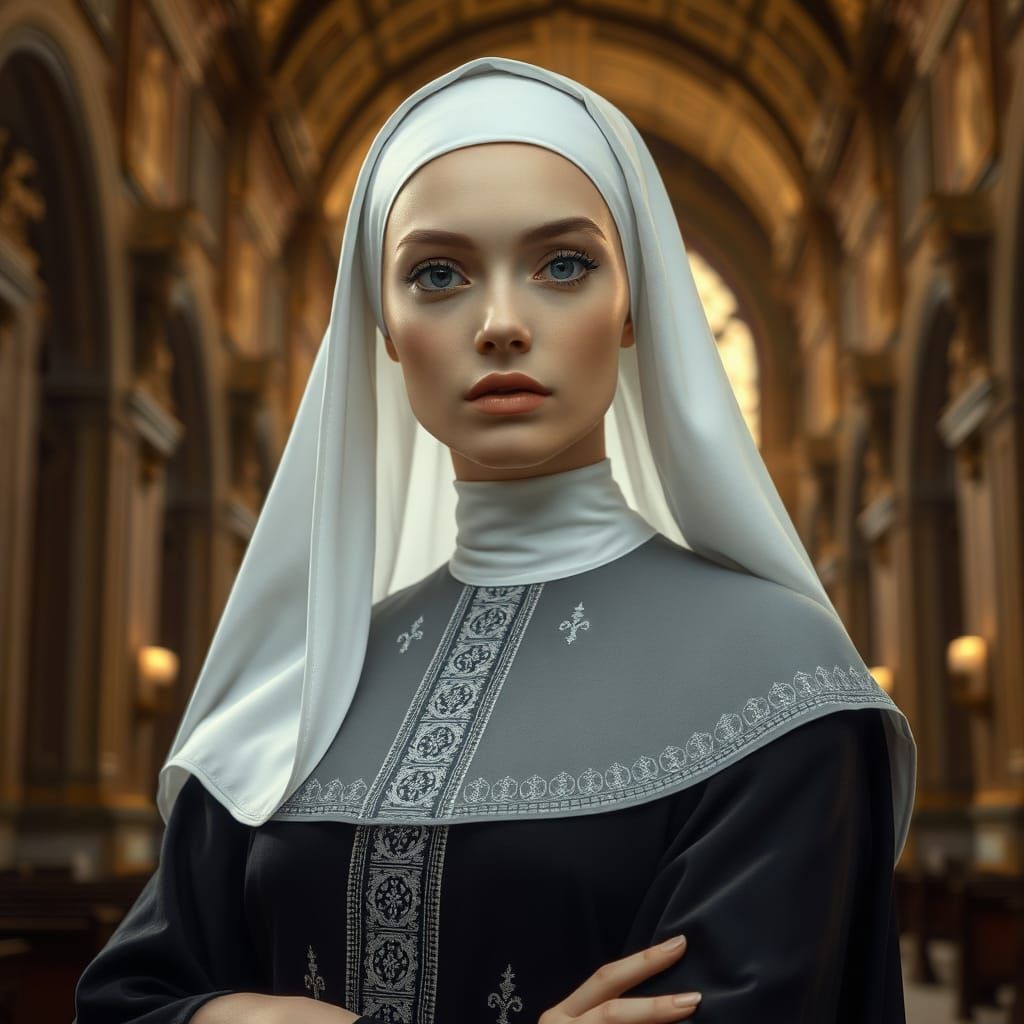 beautiful, gorgeous nun, striking detail, woven fabric, cross stitch, perfect high cheekbones, delicate face, pouty chur...