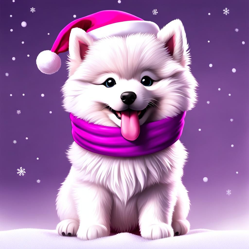 Chibi Samoyed Puppy in Santa Outfit with Bone
