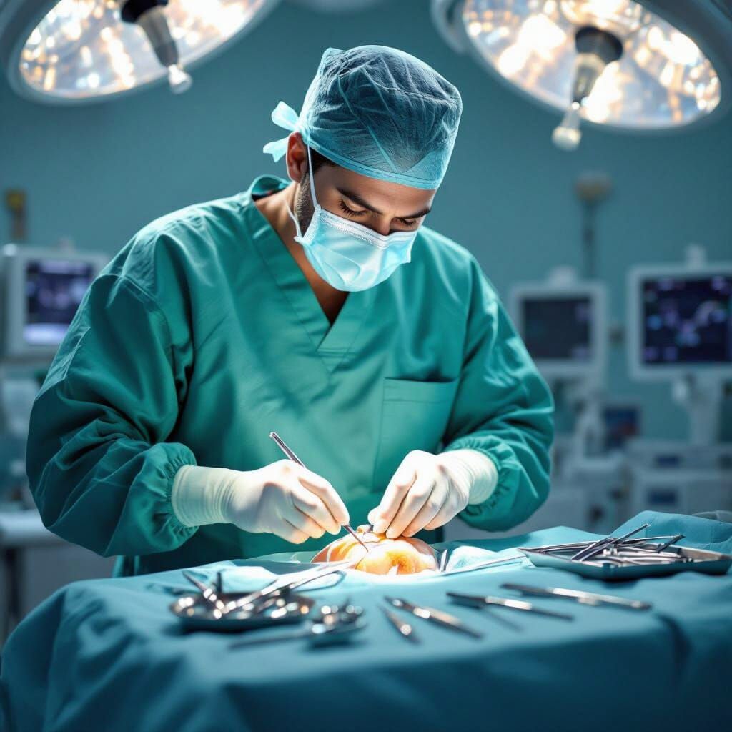 Surgeon Performing Knee Replacement in Hyperrealistic Style