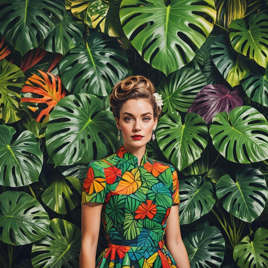 Woman Posing with Monstera Plants in Surreal Photo