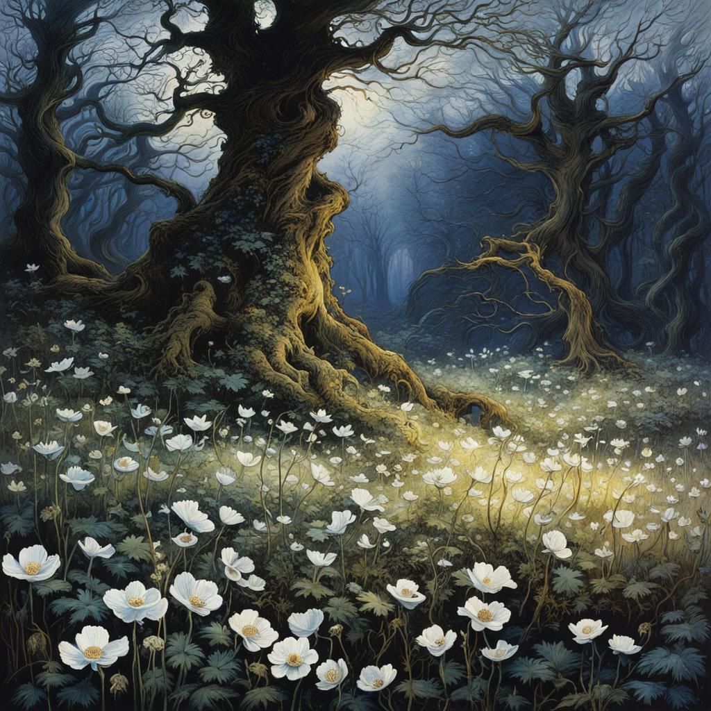 Anemones Under Ancient Tree in Detailed Landscape