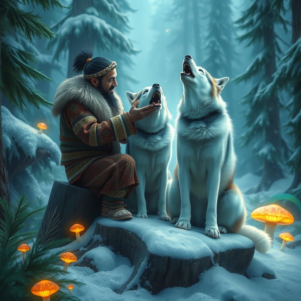 Chukchi Man Teases Electric Blue Huskies in Enchanted Forest
