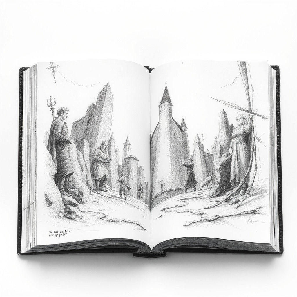 Open Book Pencil Illustrations for Fantasy Novel