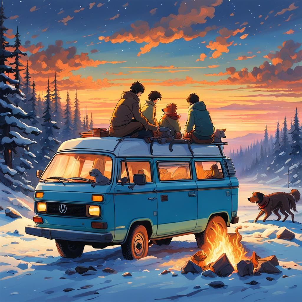 Vanagon Campfire Scene in Oil Painting Style