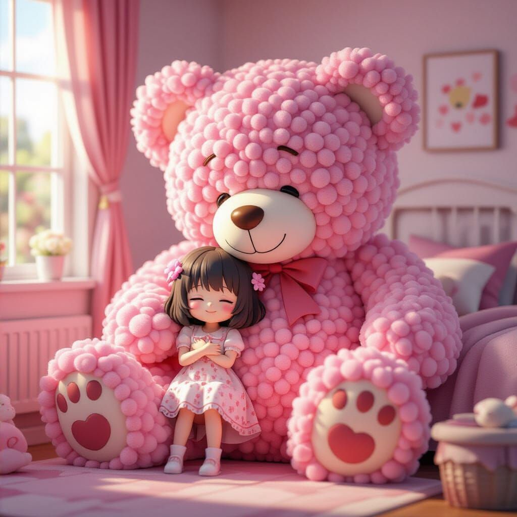 Anime Pom Pom Teddy Bear Hug in Cozy Bedroom