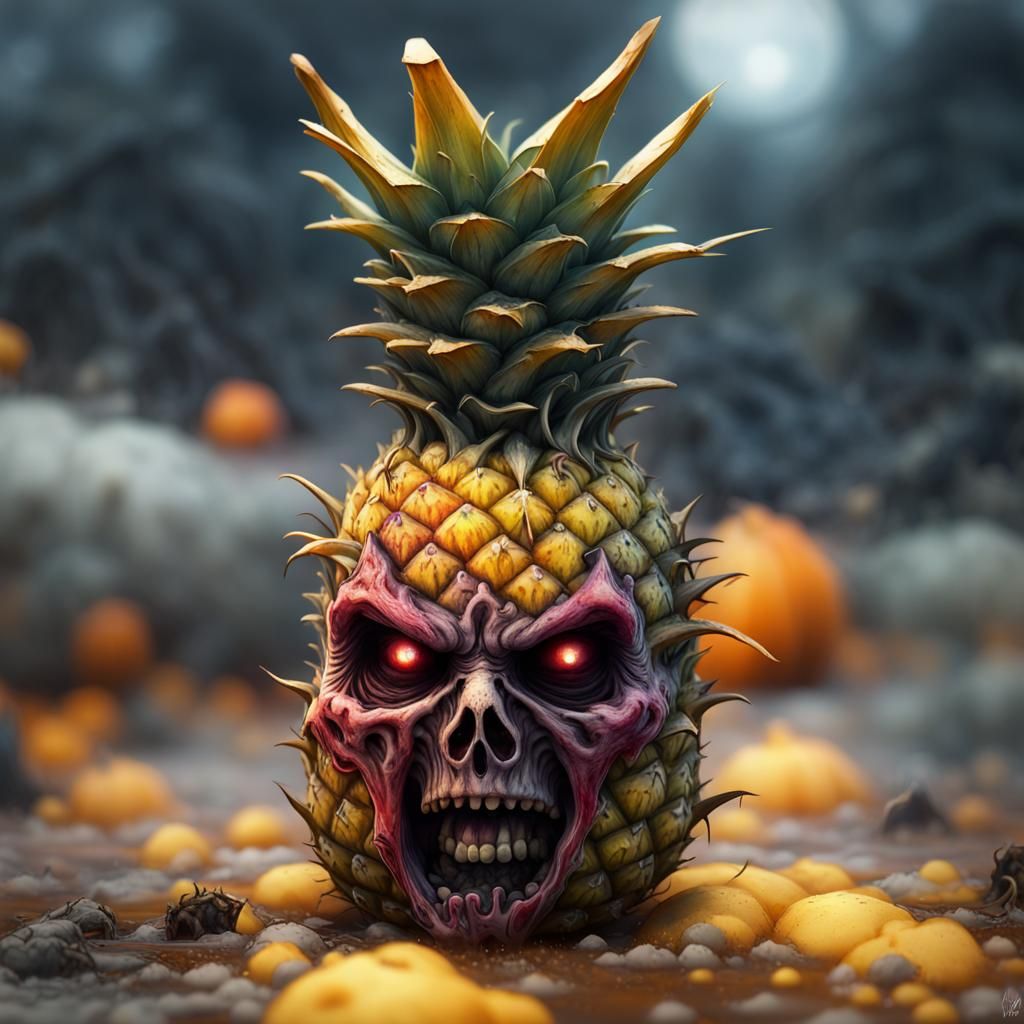Rotten Zombie Pineapple in Cemetery, Horror Concept Art