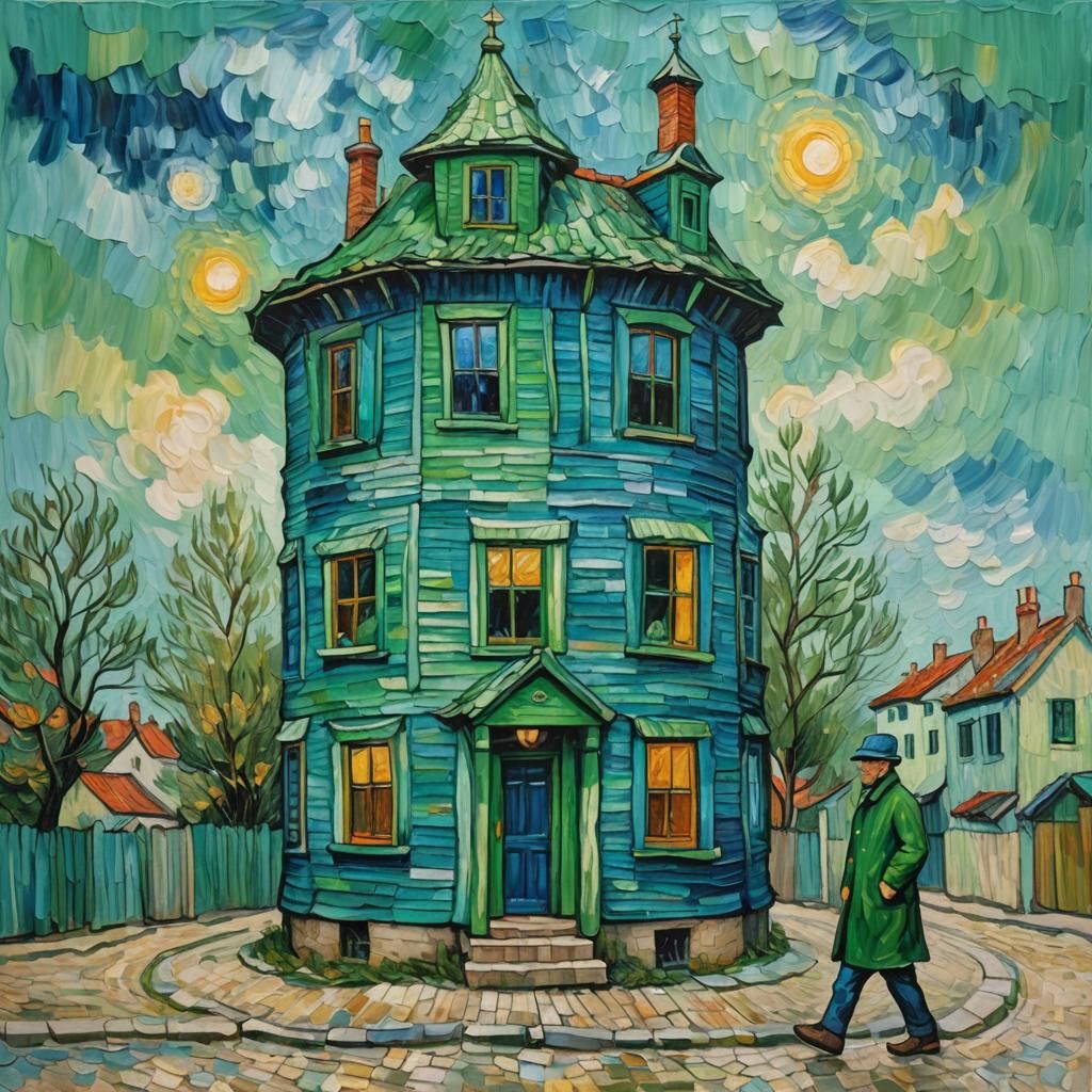 Whimsical Blue Wooden House in Expressionist Style
