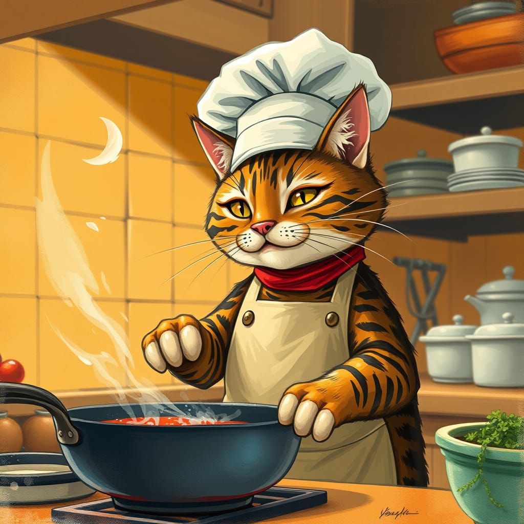 Chef Cat Cooking in Suzuki-Inspired Digital Art