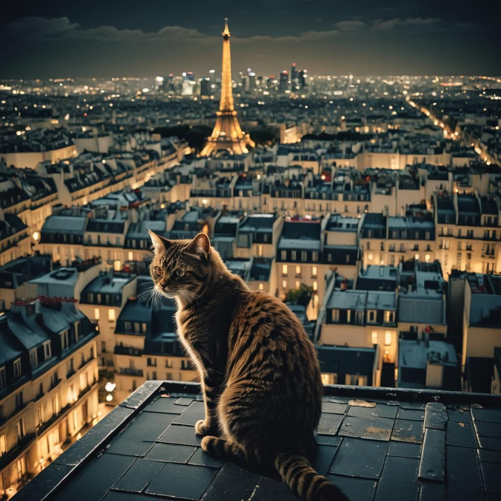 Cat Exploring Paris Rooftops at Night