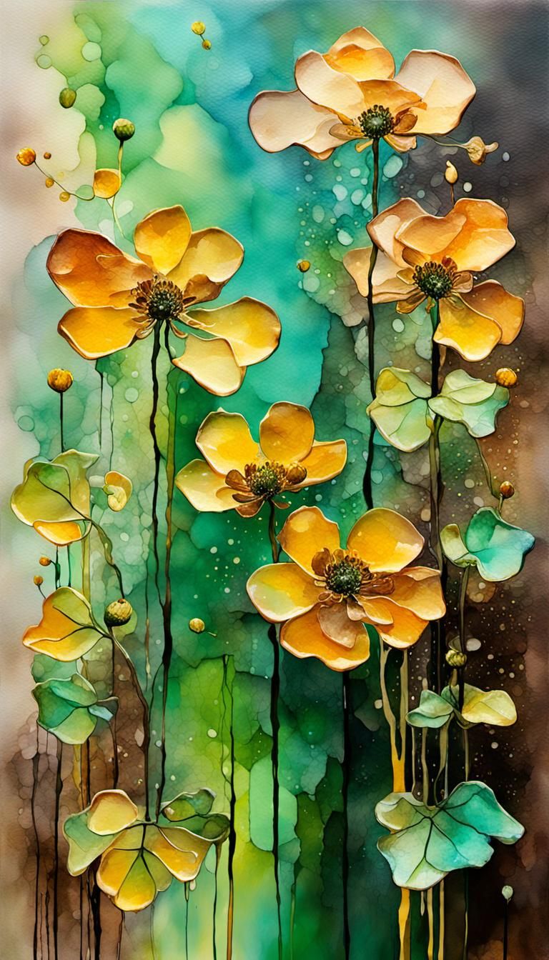 Abstract Alcohol Ink Natural Brown Earthy Color Palette Wash Drippy Splatter Background , (8 3d Raised Yellow Geum Flo...