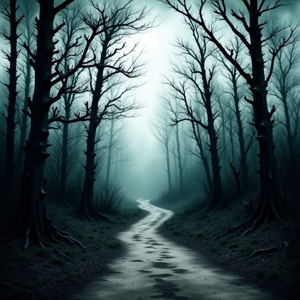 Macabre Forest Path in Watercolor Horror Style