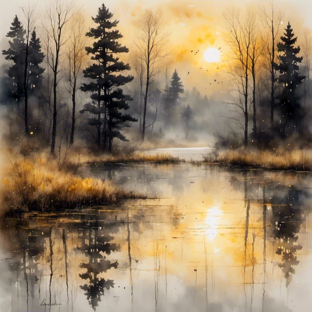 Dawn Over Lake with Heron in Antique Watercolor Style