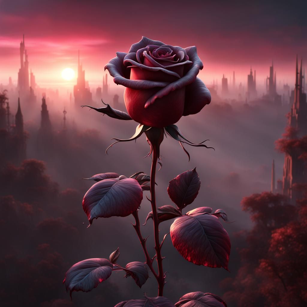 Burgundy Rose at Misty Sunrise: Detailed Matte Painting