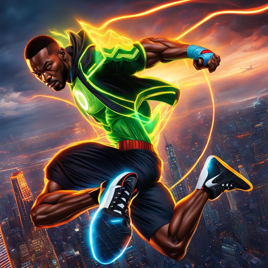 Superhero Soaring Over Cityscape in Neon Colors