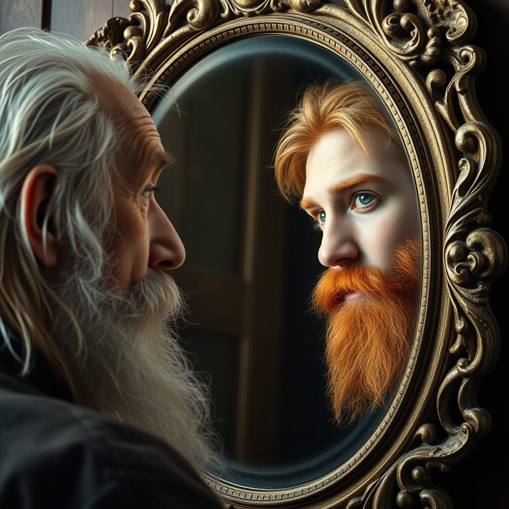 Pensive Old Man Gazing at Youthful Reflection