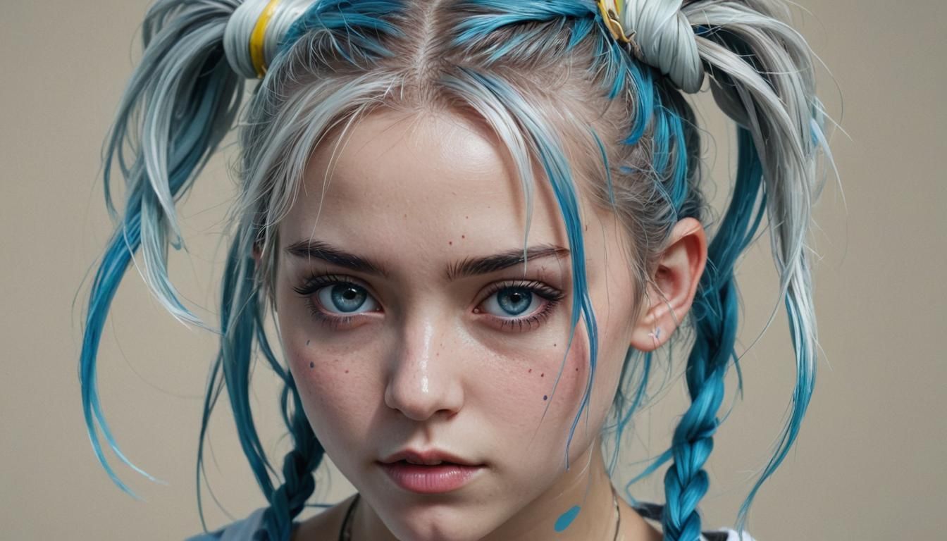 Pop Art Portrait with Blue and White Pigtails