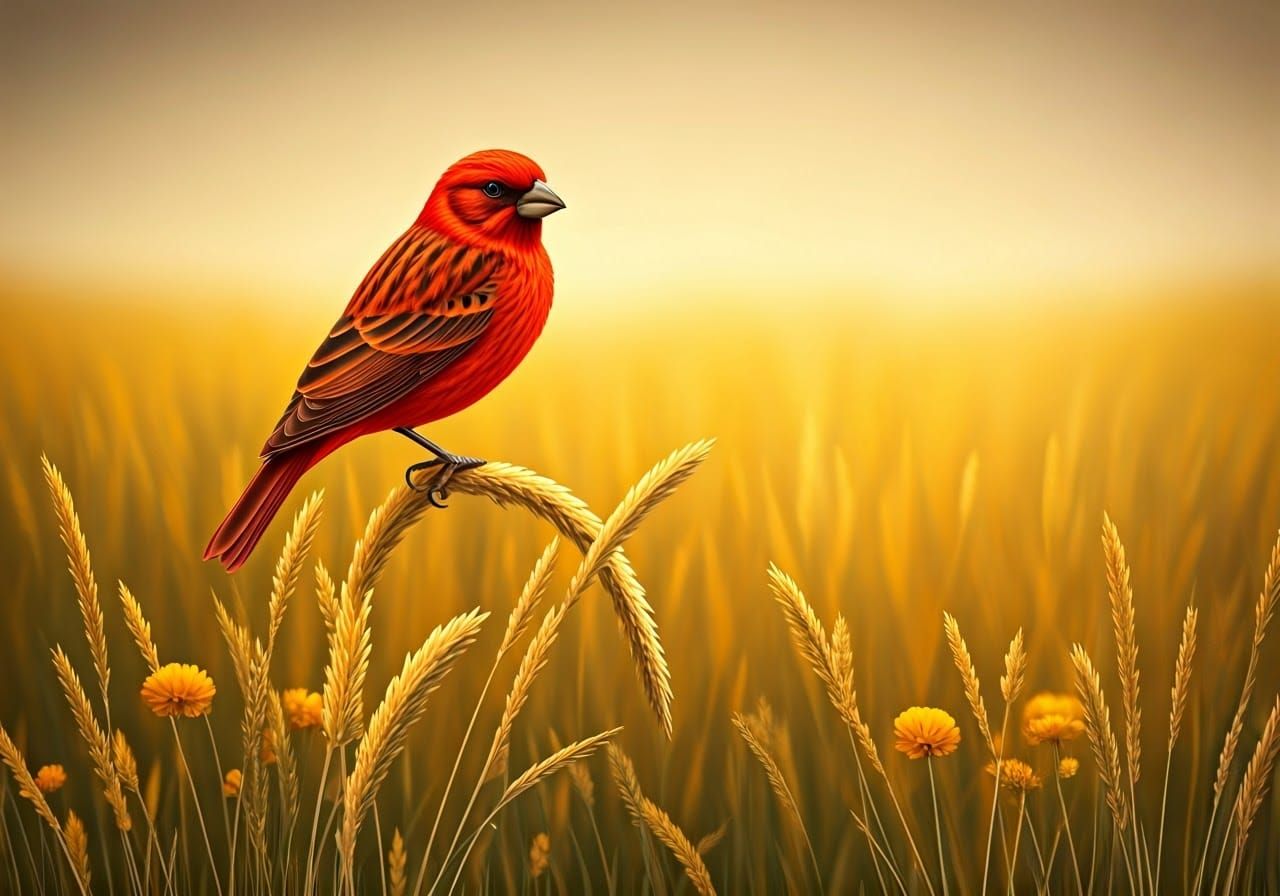 Scarlet Bird in Impressionist Wildflower Landscape