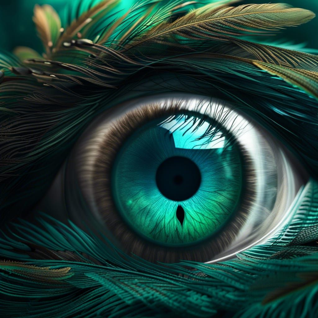 Teal Eye Surrounded by Peacock Feathers