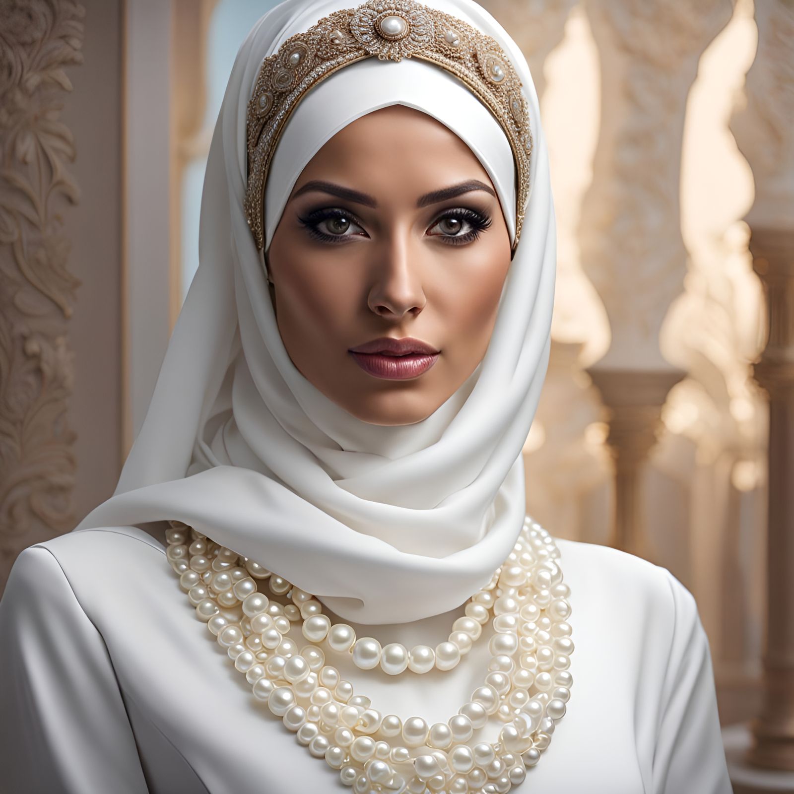 Beautiful Woman in Hijab with Pearl Adorned Dress