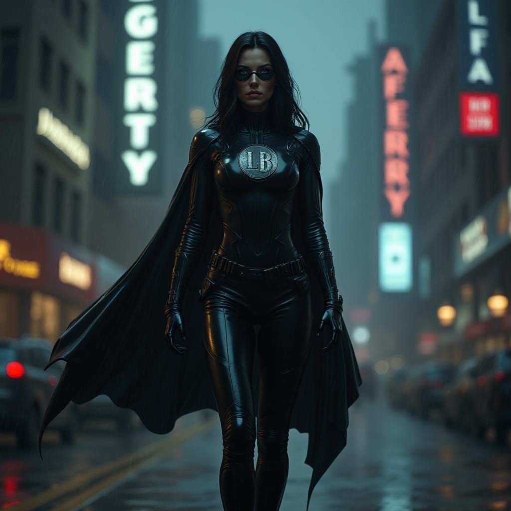 Dark City Superheroine in Hyperreal Noir Style