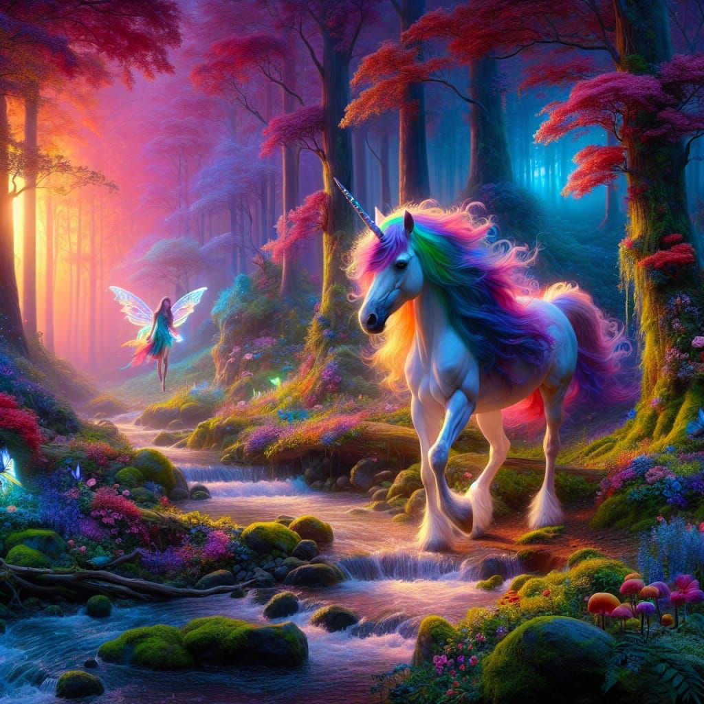Enchanting Forest Scene with Unicorn and Fairy