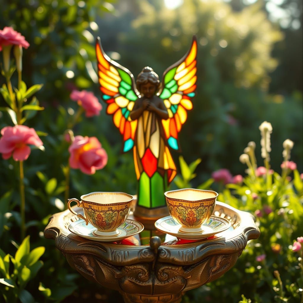 Antique Teacups on Angel Fountain in Cinematic Light