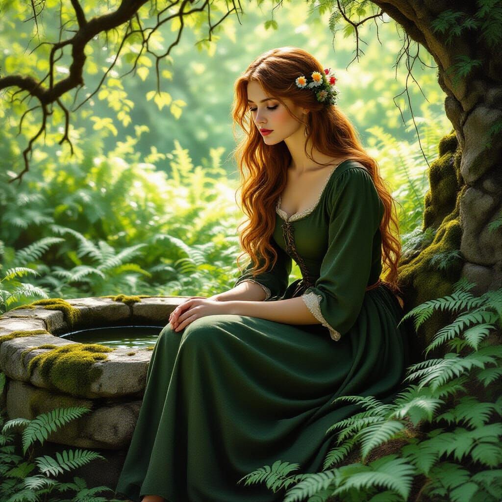 Medieval Woman in Grove: Pre-Raphaelite Dreamscape