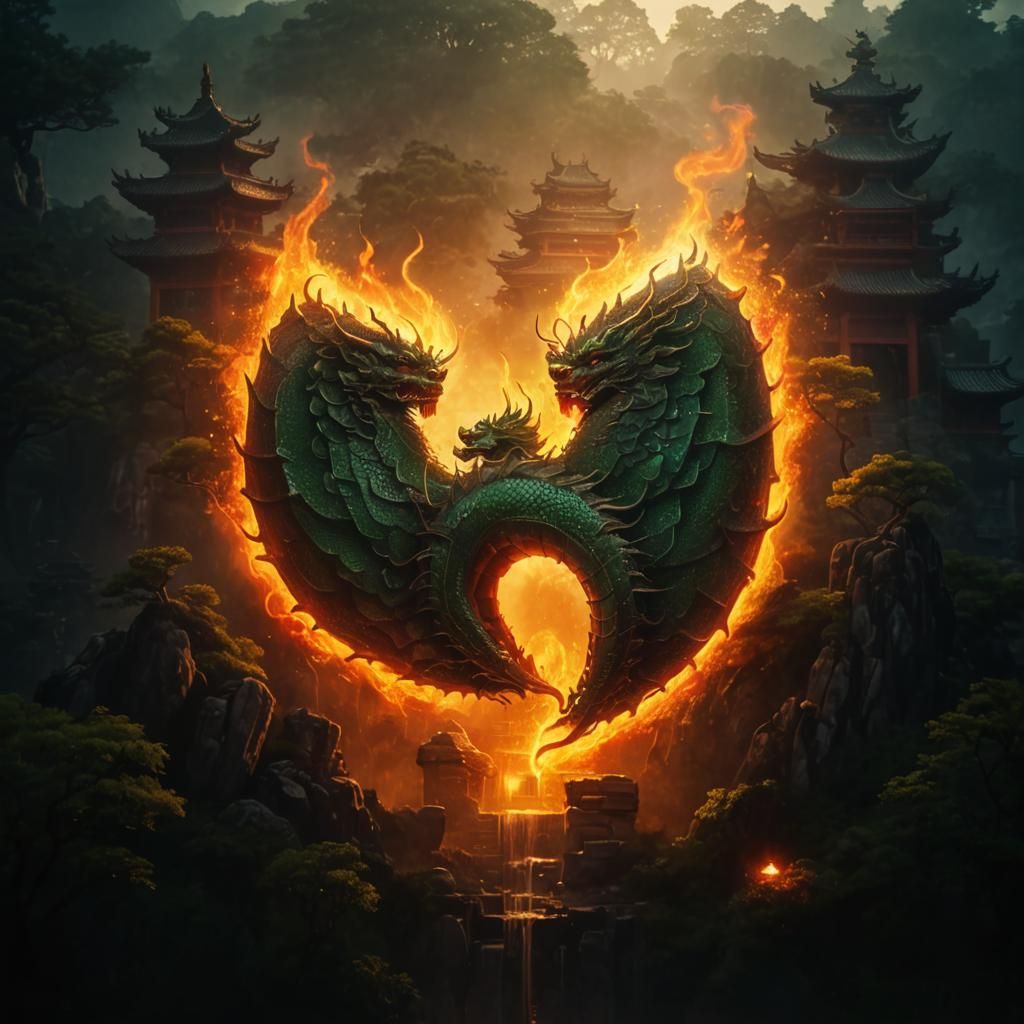 Red Dragon Guarding Shaolin Temple in Asian Landscape