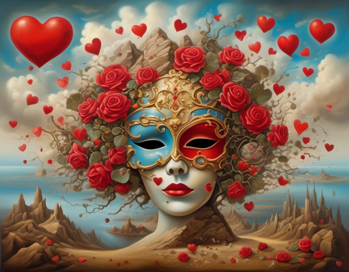 Surreal Mask and Rock Fusion in Oil Painting Style