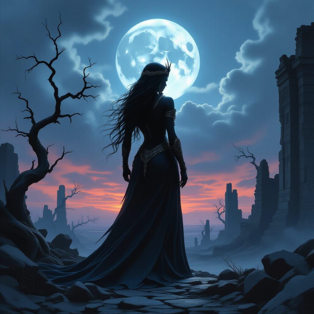 Goddess Surveys Gothic Landscape from Ruin in Dramatic Light